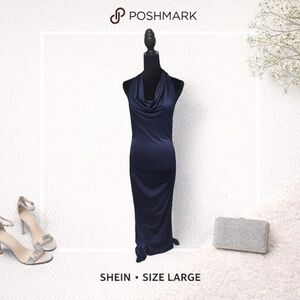 SHEIN Navy Blue Satin Cocktail Dress Size Large | Cowl Neck Fitted